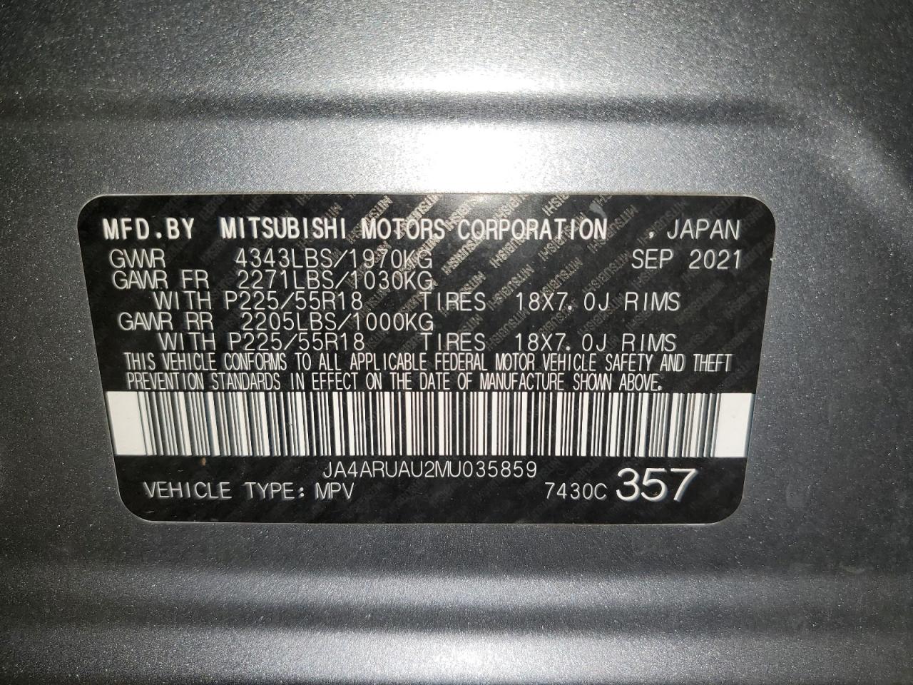 2021 Mitsubishi Outlander Sport Es VIN: JA4ARUAU2MU035859 Lot: 62714944