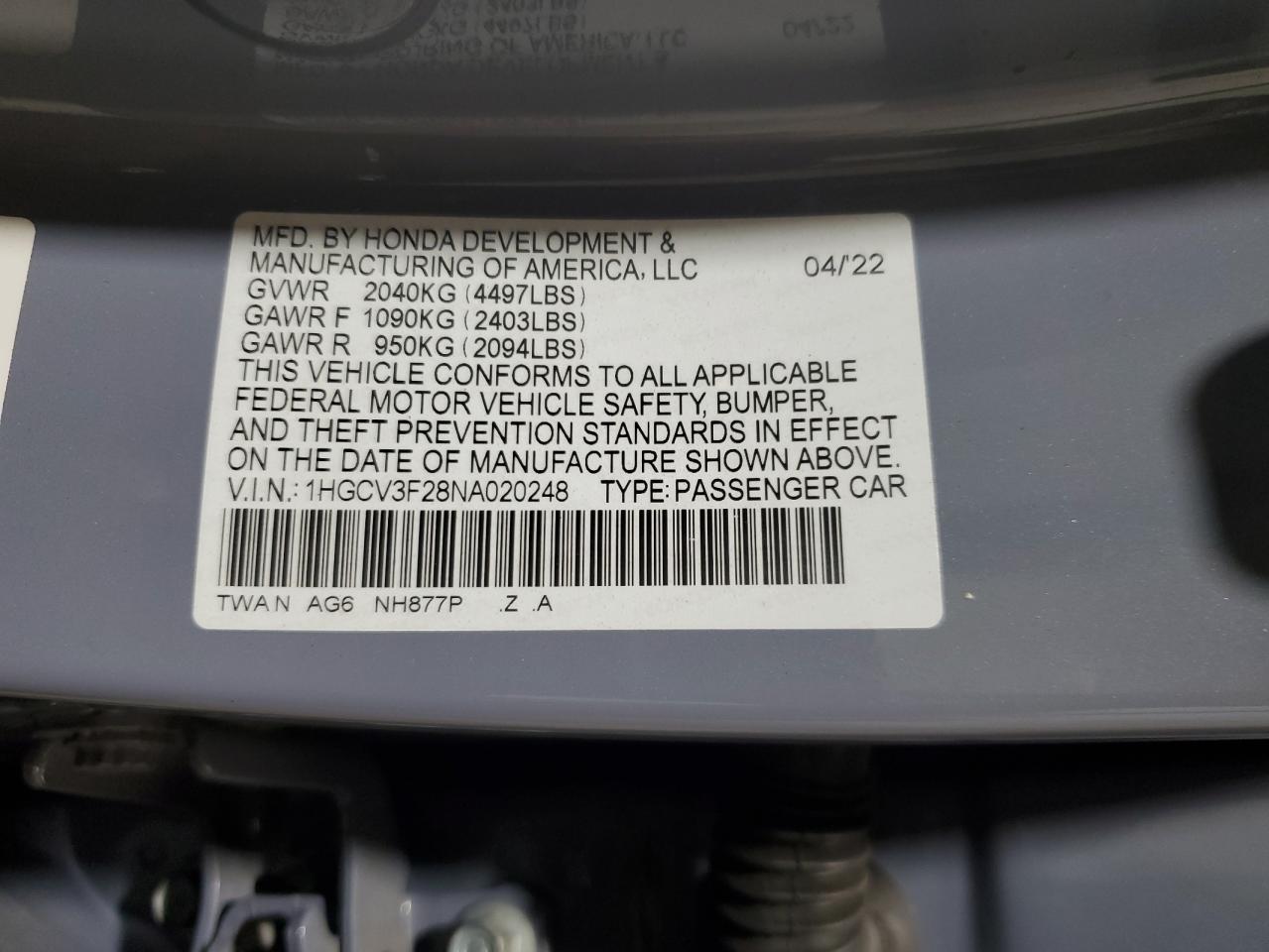 2022 Honda Accord Hybrid Sport VIN: 1HGCV3F28NA020248 Lot: 62907814
