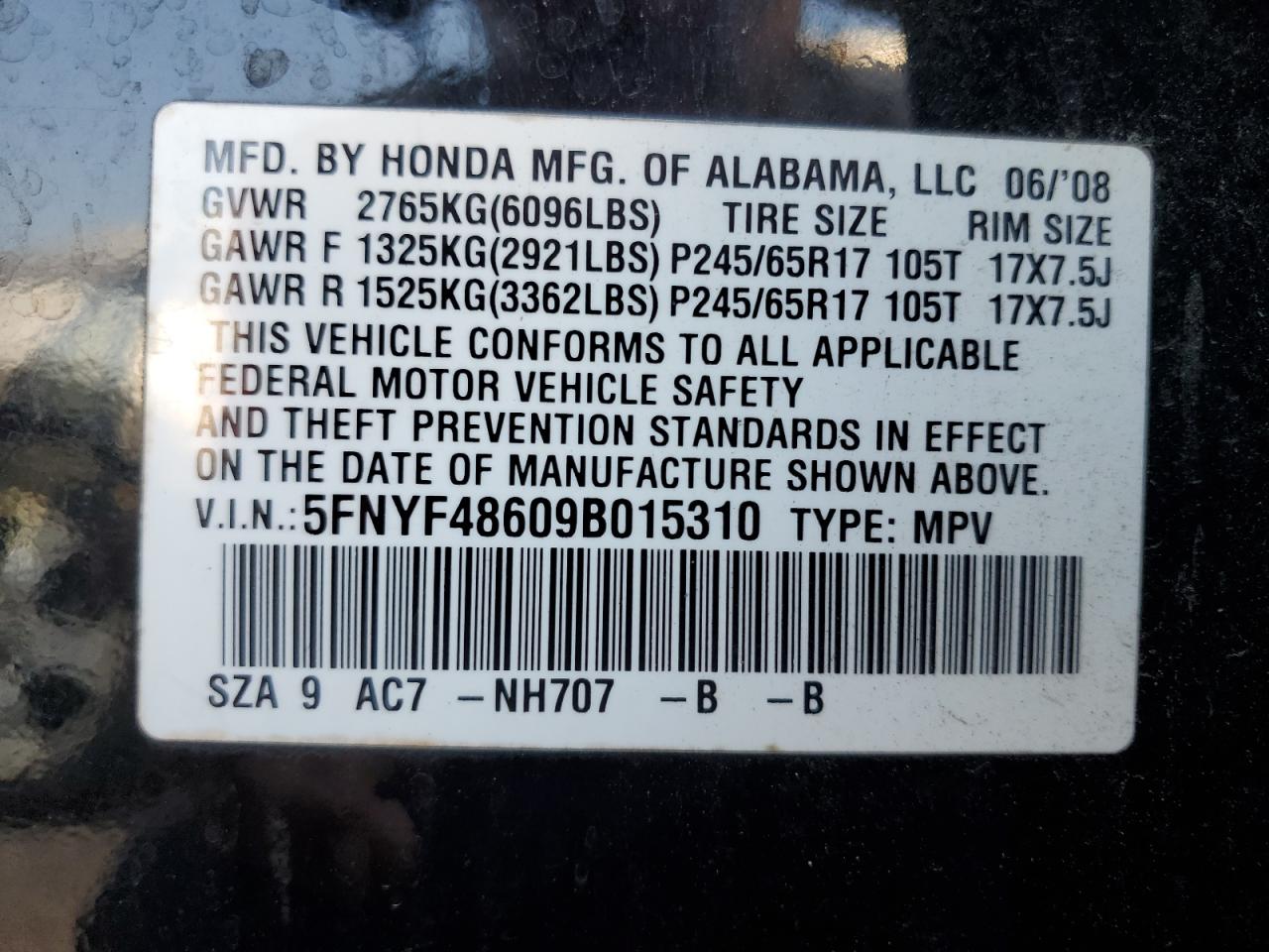 2009 Honda Pilot Exl VIN: 5FNYF48609B015310 Lot: 62349694