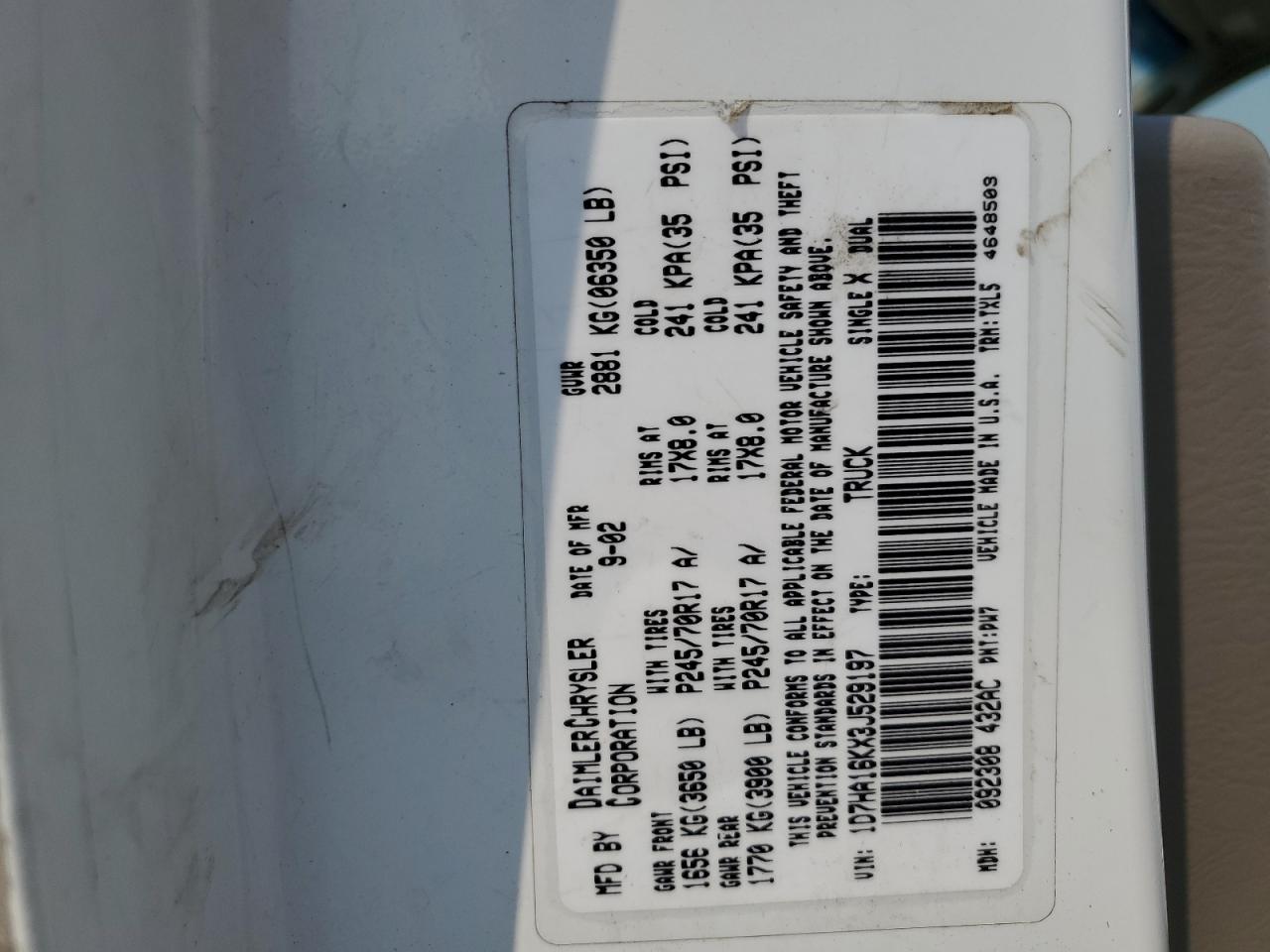 2003 Dodge Ram 1500 St VIN: 1D7HA16KX3J529197 Lot: 64492004