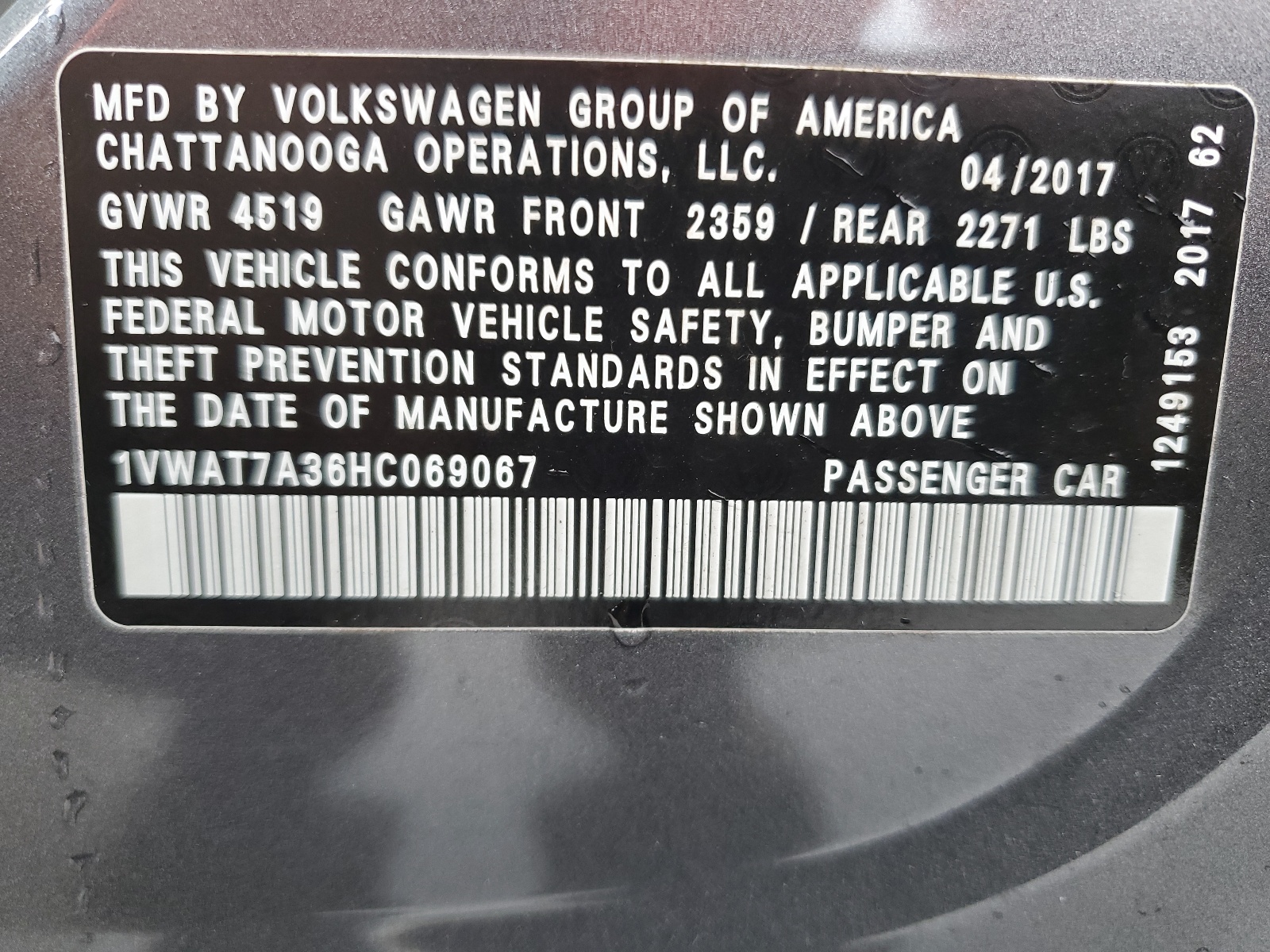 1VWAT7A36HC069067 2017 Volkswagen Passat S