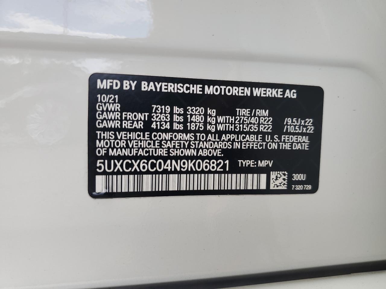 2022 BMW X7 M50I VIN: 5UXCX6C04N9K06821 Lot: 61867054