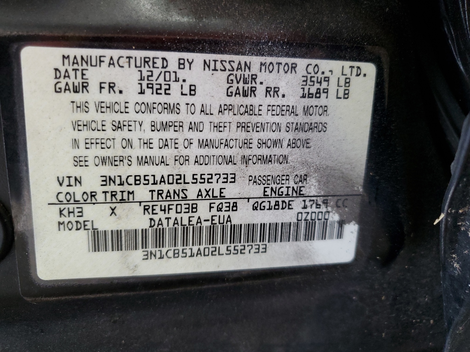 3N1CB51A02L552733 2002 Nissan Sentra Gxe