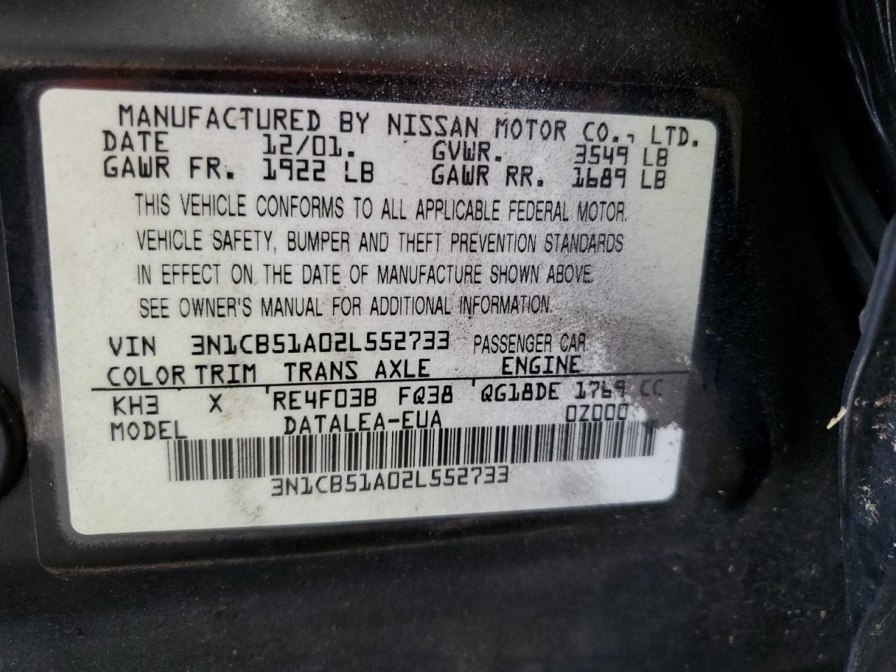 2002 Nissan Sentra Gxe VIN: 3N1CB51A02L552733 Lot: 62414204