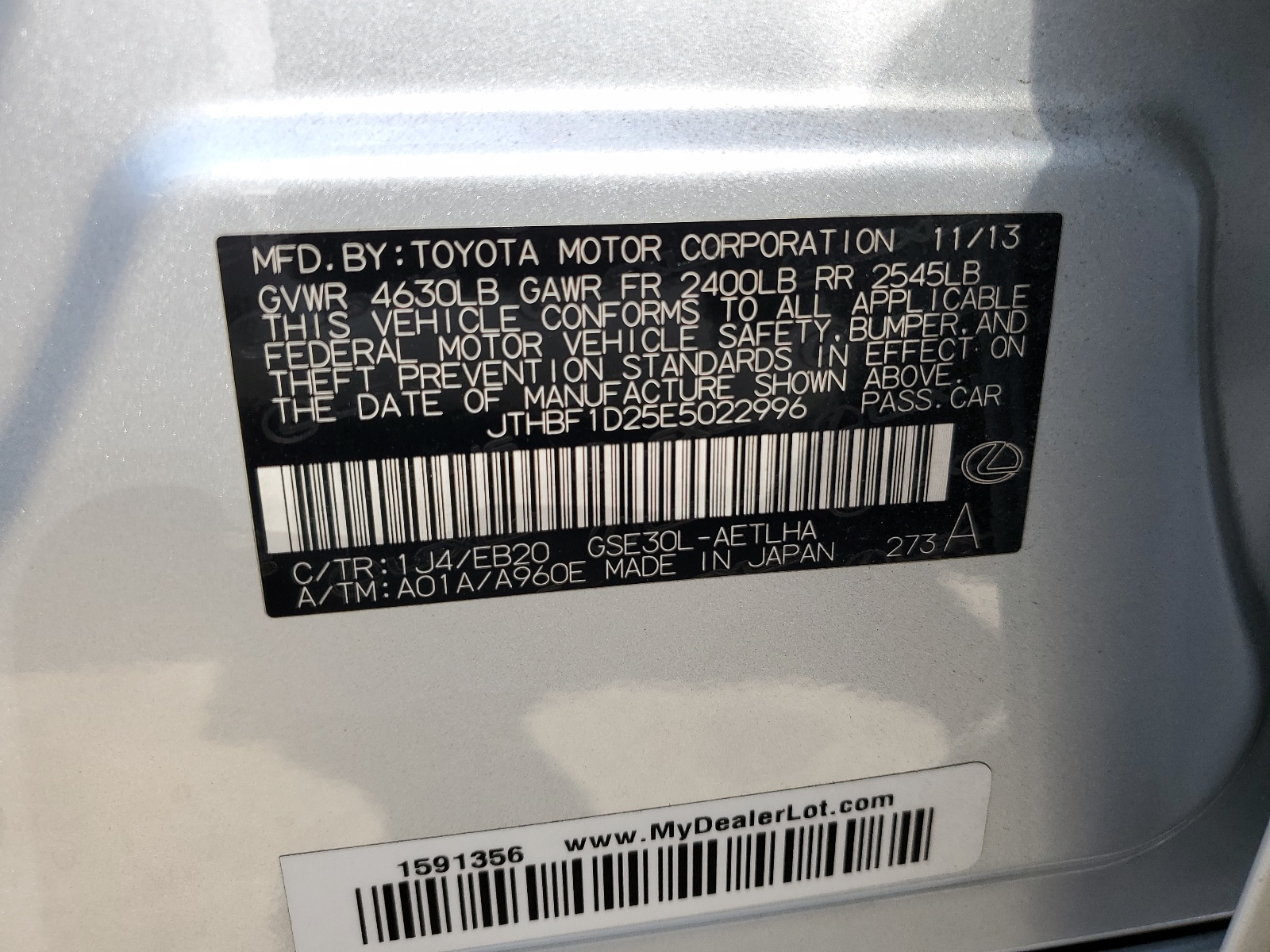 JTHBF1D25E5022996 2014 Lexus Is 250