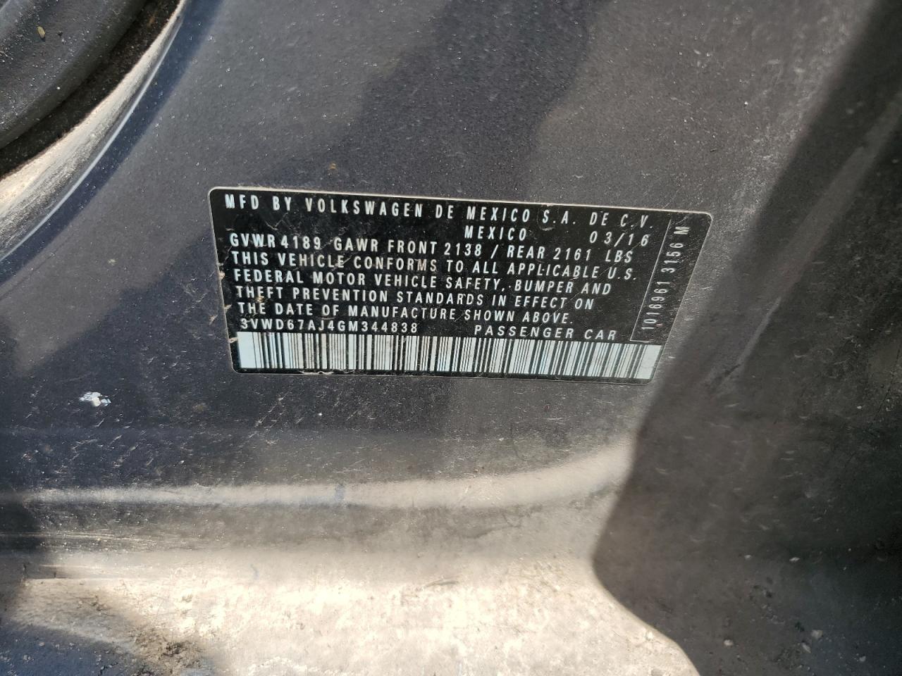 2016 Volkswagen Jetta Se VIN: 3VWD67AJ4GM344838 Lot: 64991794