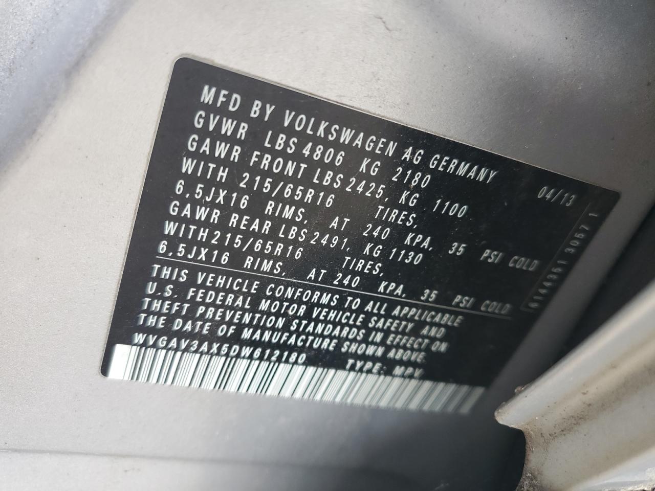 2013 Volkswagen Tiguan S VIN: WVGAV3AX5DW612180 Lot: 63494124