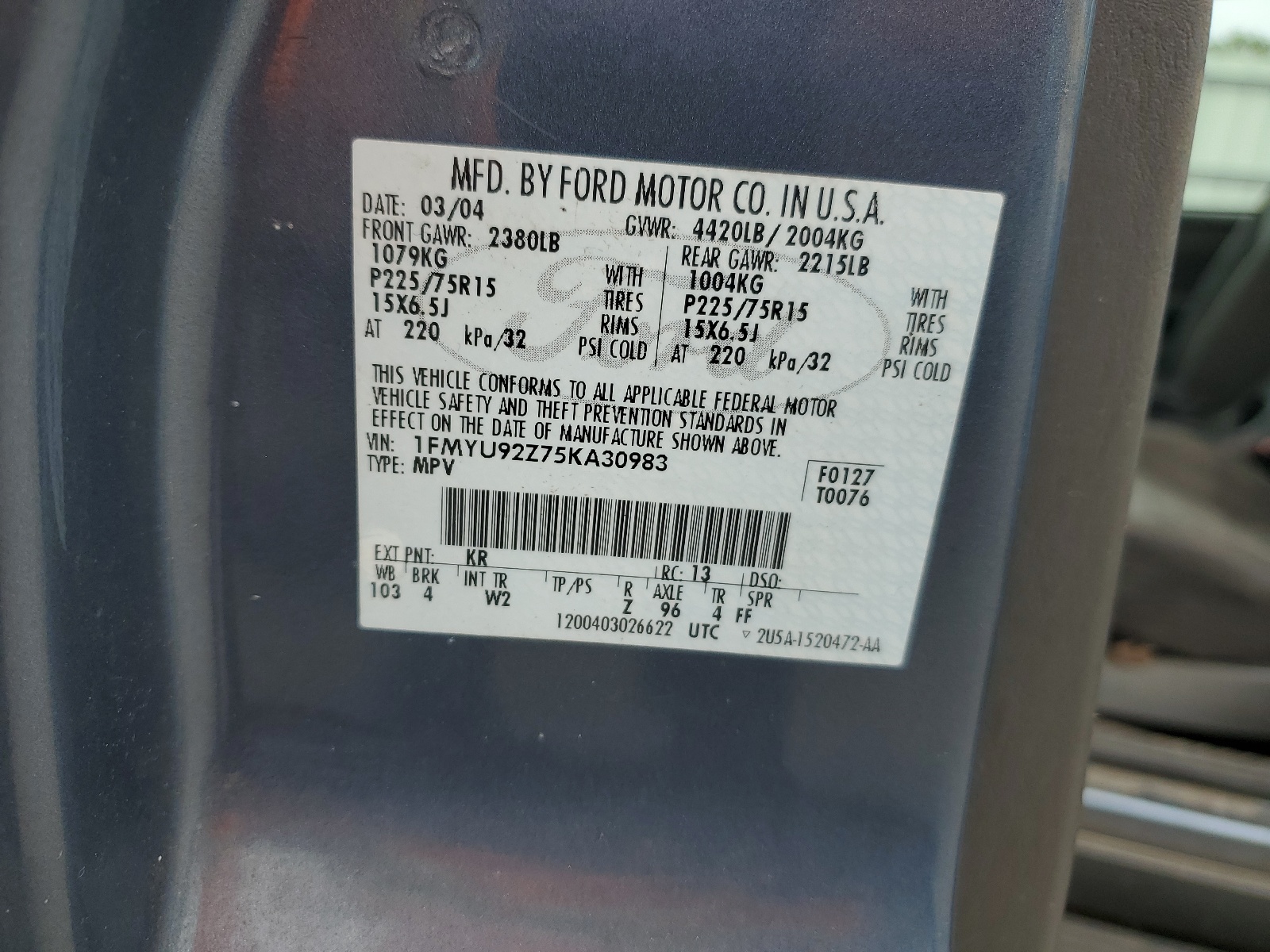 1FMYU92Z75KA30983 2005 Ford Escape Xls