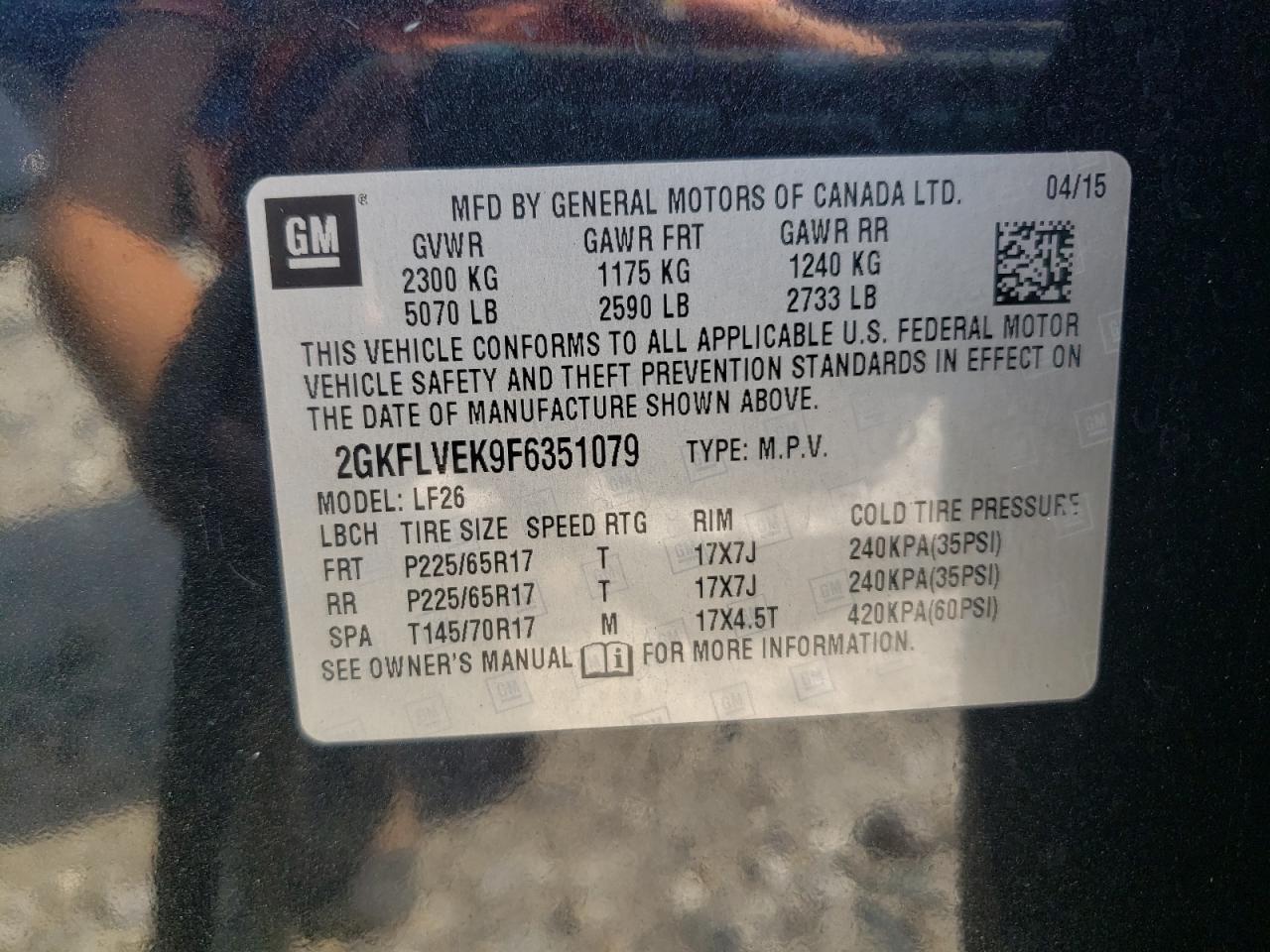 2015 GMC Terrain Sle VIN: 2GKFLVEK9F6351079 Lot: 64554454