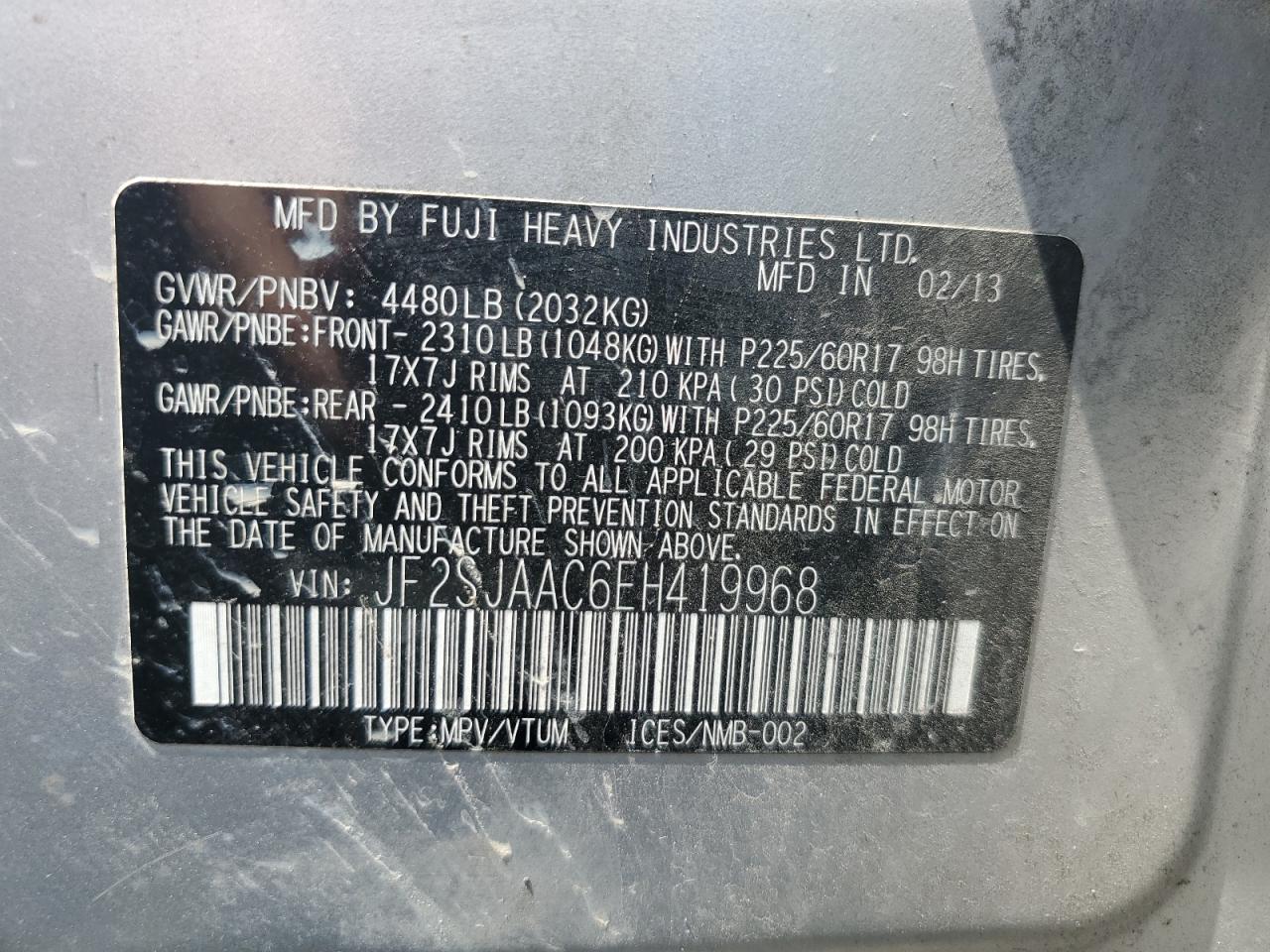 2014 Subaru Forester 2.5I VIN: JF2SJAAC6EH419968 Lot: 63688914