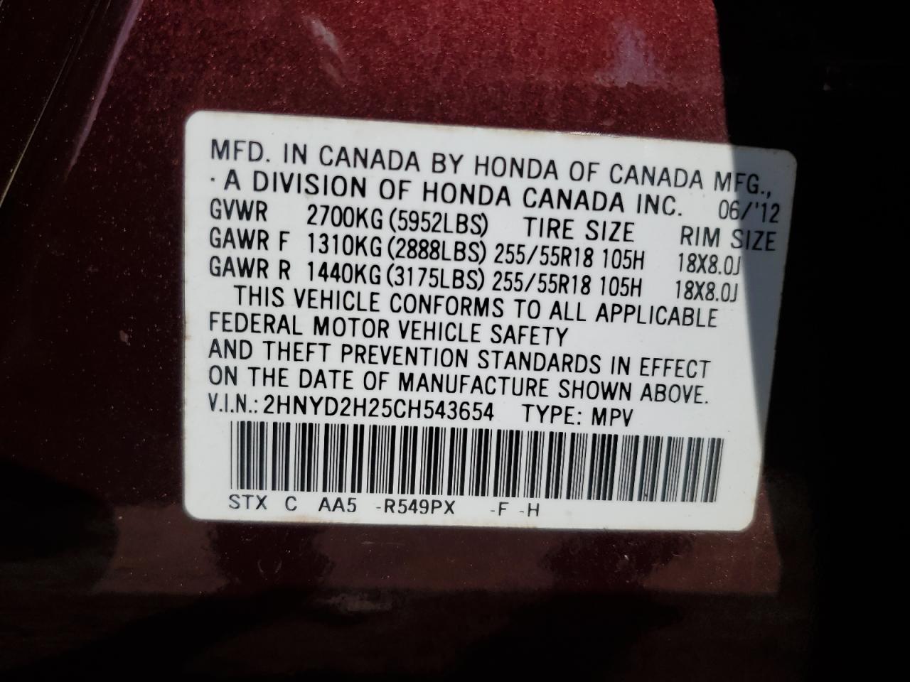 2012 Acura Mdx VIN: 2HNYD2H25CH543654 Lot: 61878394