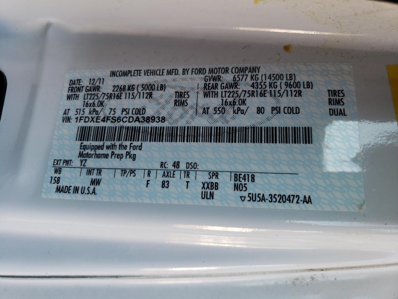 2012 Ford Forest River Sunseeker 3170 VIN: 1FDXE4FS6CDA38938 Lot: 63122564