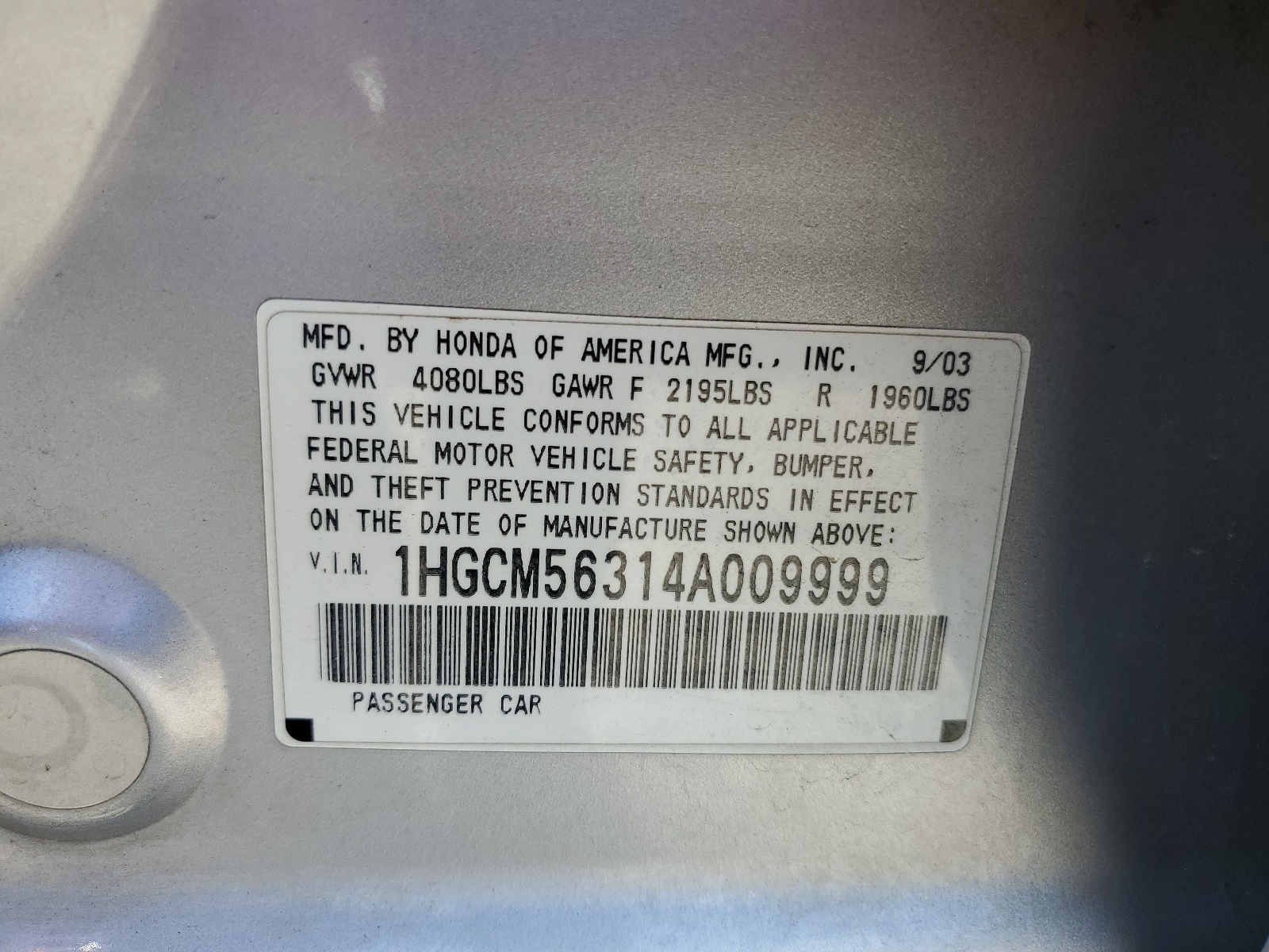 1HGCM56314A009999 2004 Honda Accord Lx