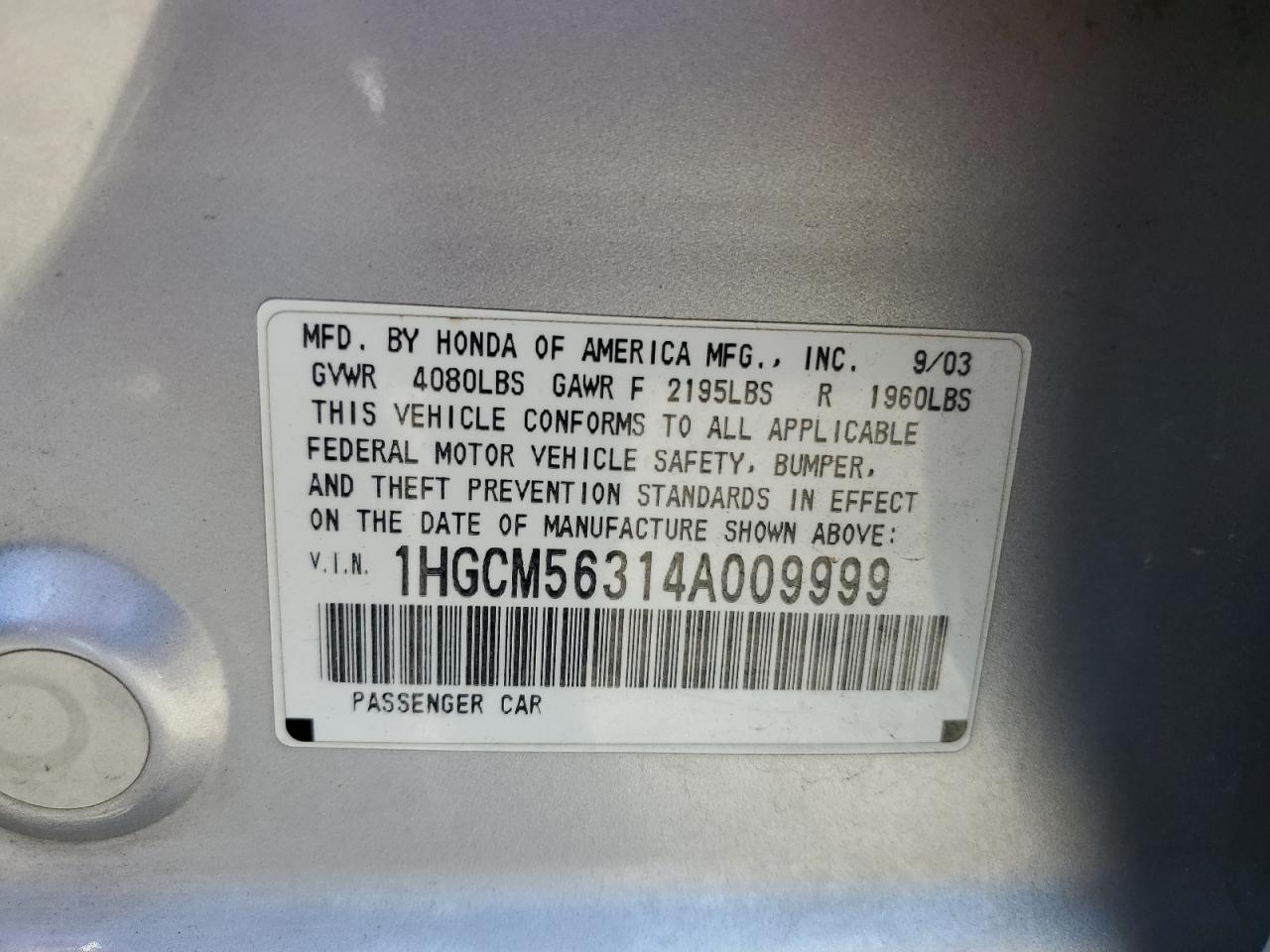 2004 Honda Accord Lx VIN: 1HGCM56314A009999 Lot: 61531114