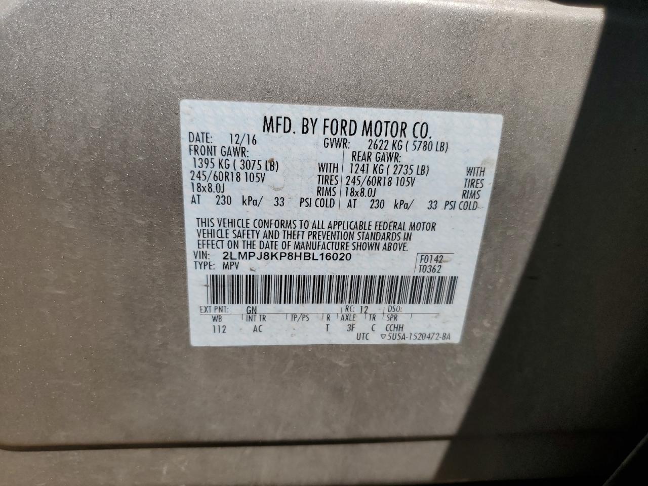 2017 Lincoln Mkx Select VIN: 2LMPJ8KP8HBL16020 Lot: 65331694