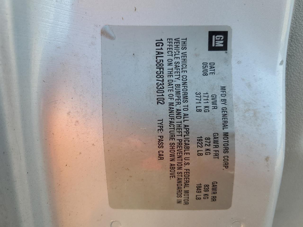 2008 Chevrolet Cobalt Lt VIN: 1G1AL58F587330102 Lot: 65117874