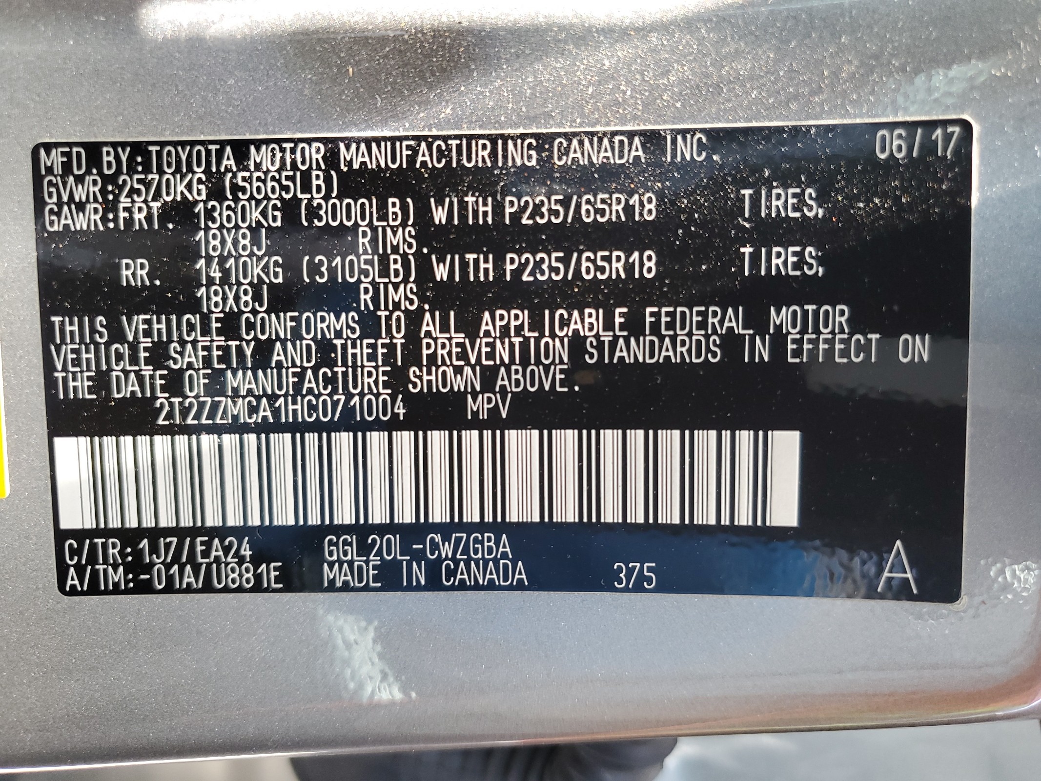 2T2ZZMCA1HC071004 2017 Lexus Rx 350 Base