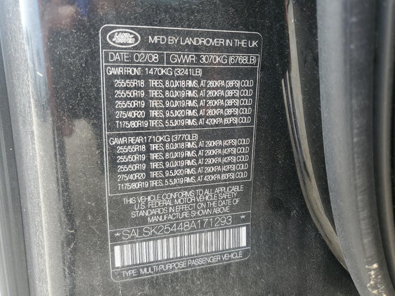 2008 Land Rover Range Rover Sport Hse VIN: SALSK25448A171293 Lot: 61831194