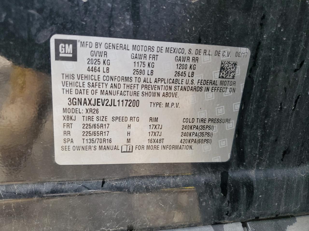 2018 Chevrolet Equinox Lt VIN: 3GNAXJEV2JL117200 Lot: 63204344