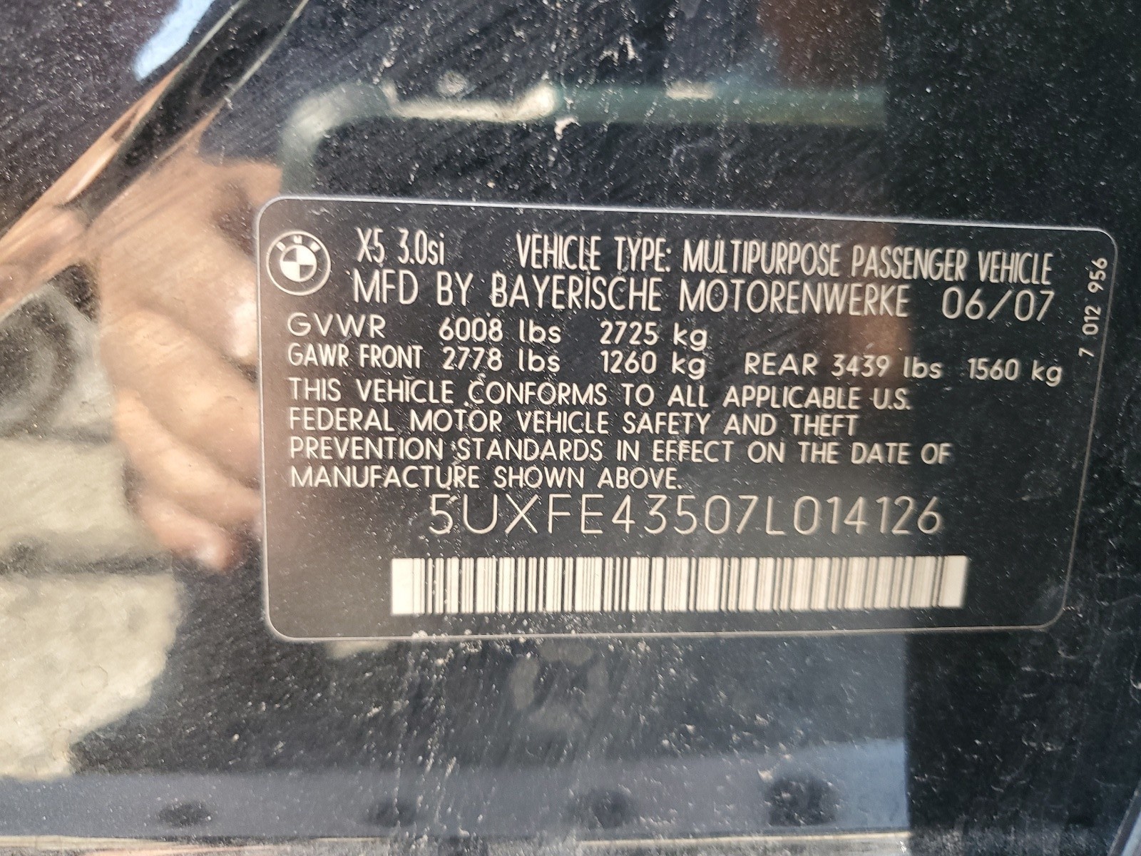 5UXFE43507L014126 2007 BMW X5 3.0I