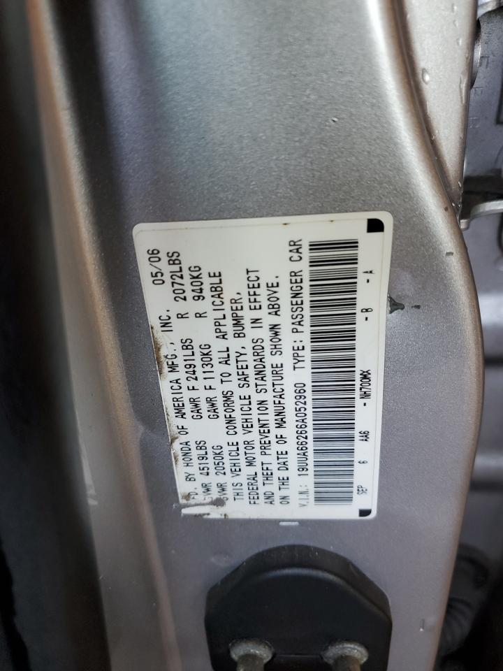 2006 Acura 3.2Tl VIN: 19UUA66266A052960 Lot: 62736384
