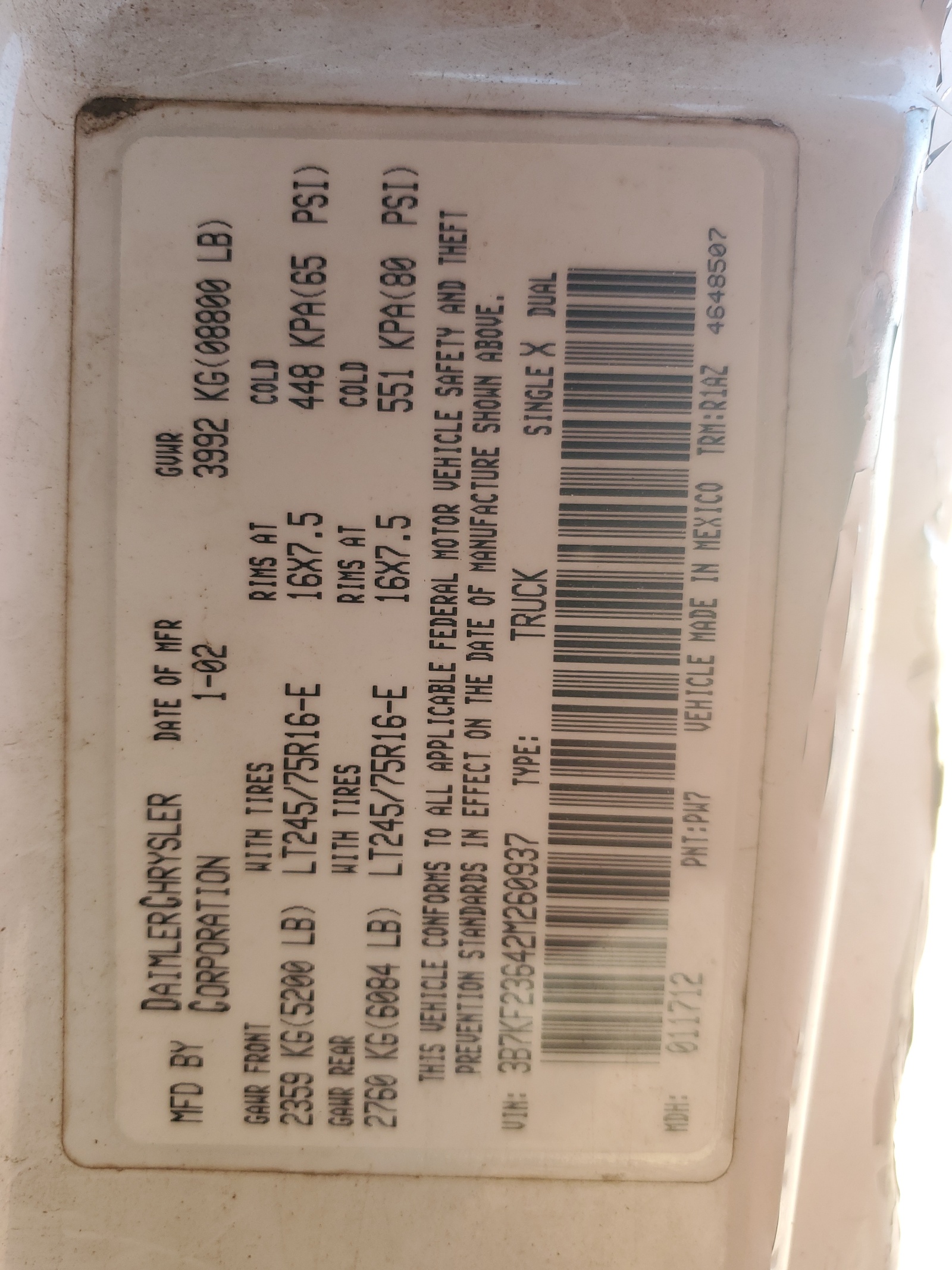 3B7KF23642M260937 2002 Dodge Ram 2500