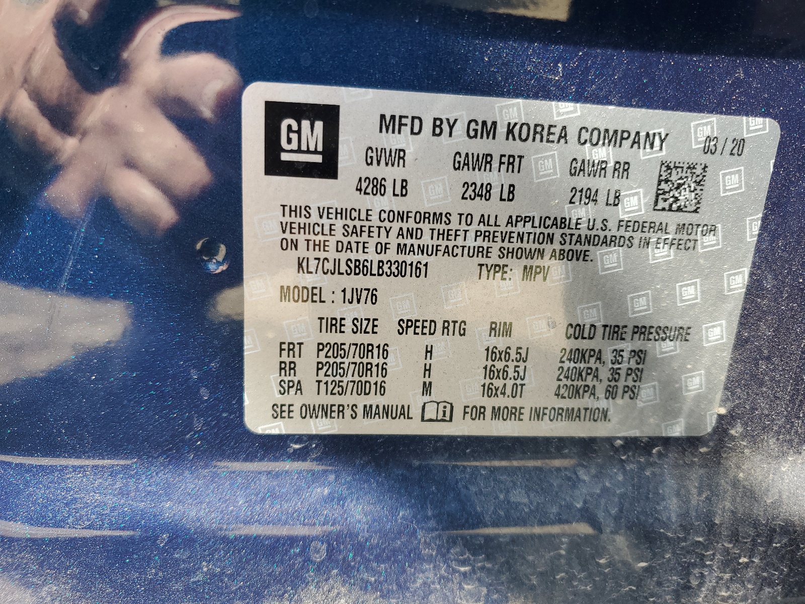 KL7CJLSB6LB330161 2020 Chevrolet Trax 1Lt