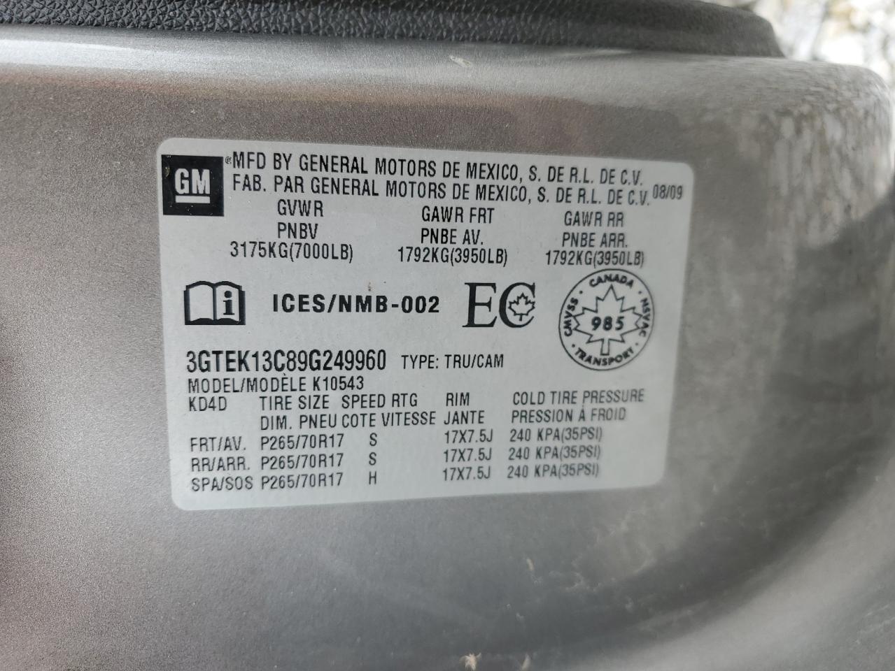 2009 GMC Sierra K1500 VIN: 3GTEK13C89G249960 Lot: 86092114