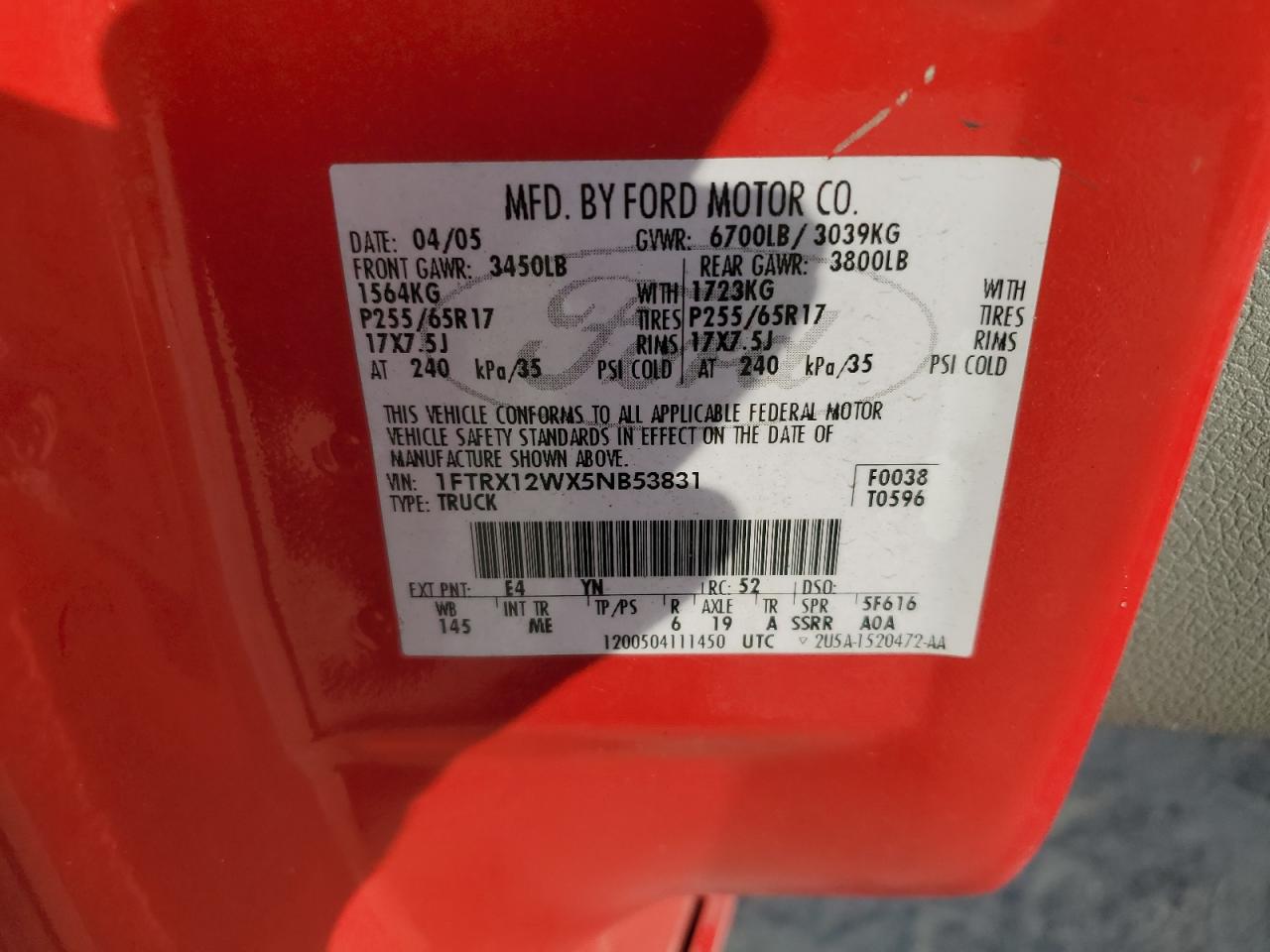2005 Ford F150 VIN: 1FTRX12WX5NB53831 Lot: 61613814