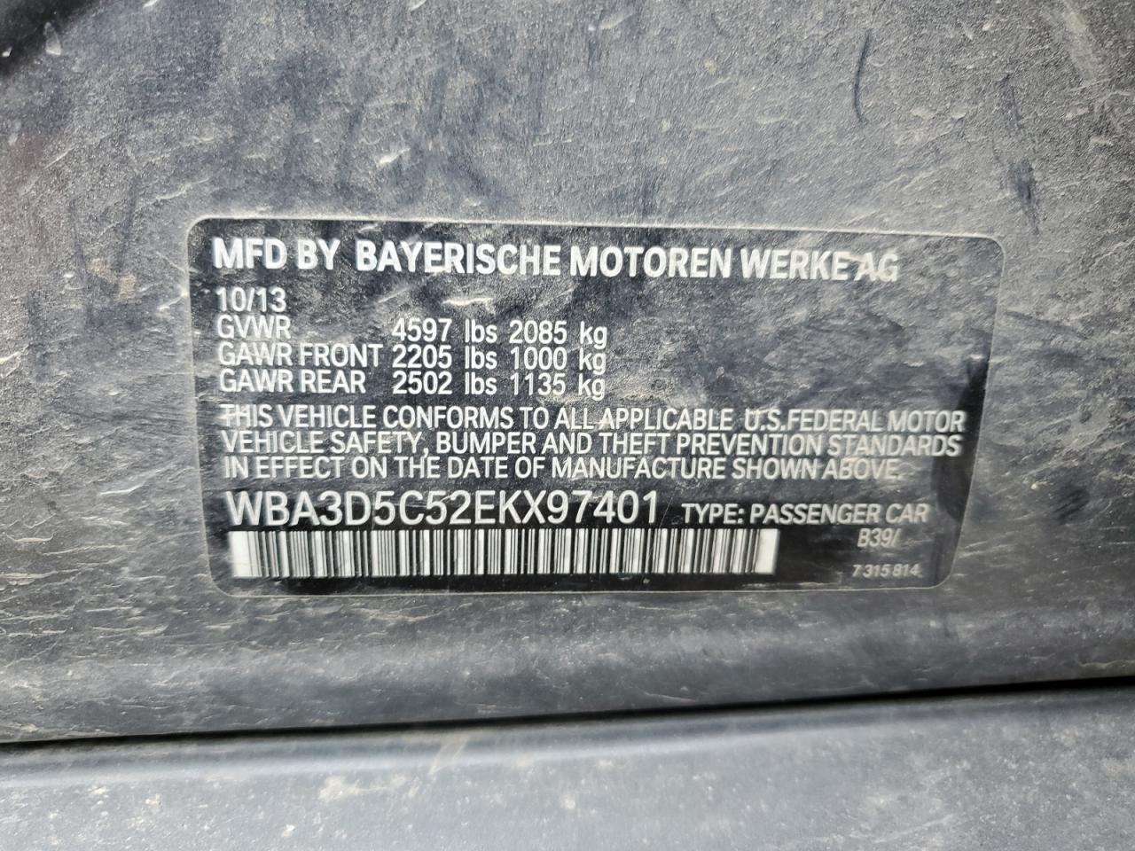 2014 BMW 328 D xDrive VIN: WBA3D5C52EKX97401 Lot: 63842654