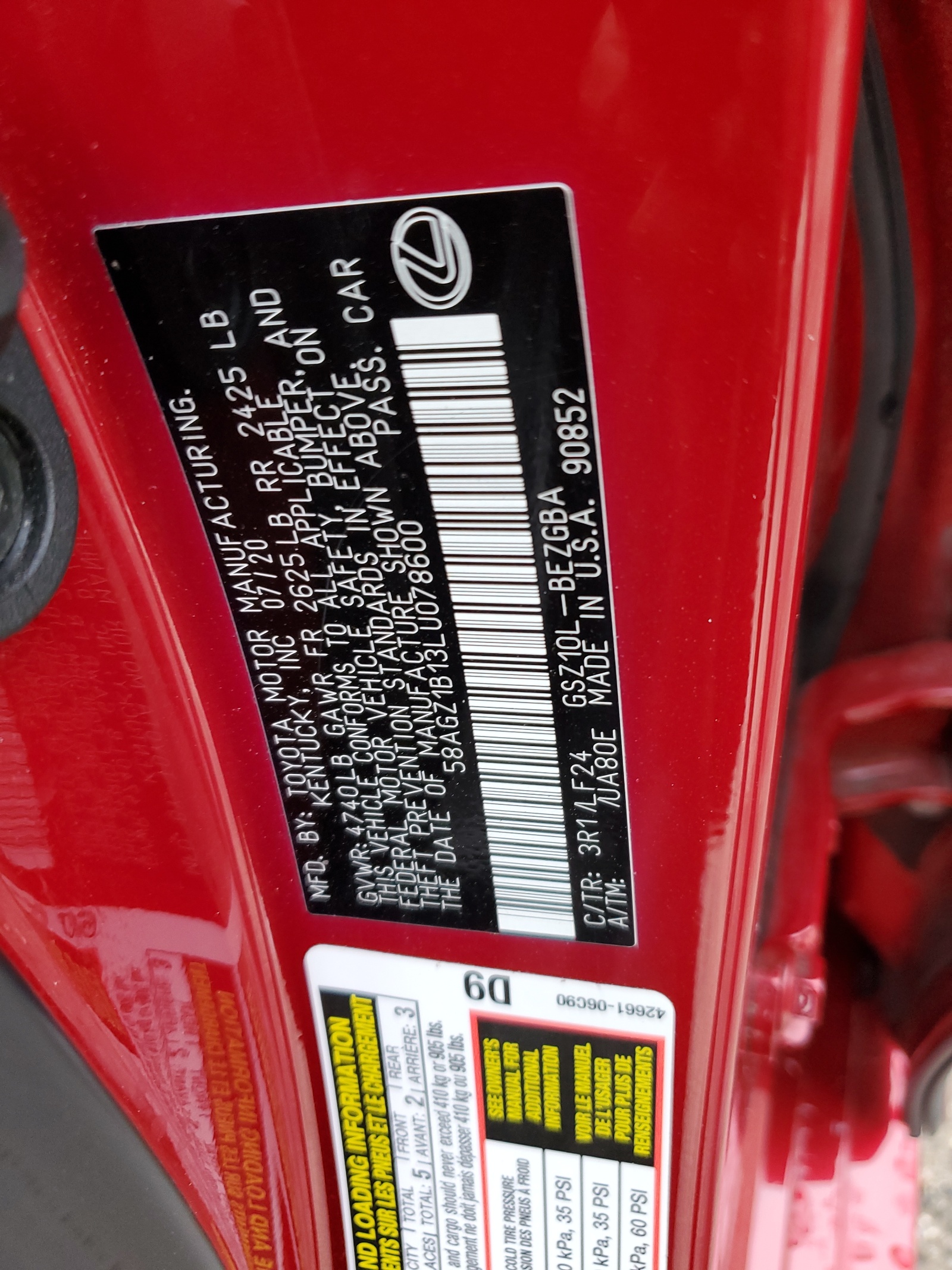 58AGZ1B13LU078600 2020 Lexus Es 350 F Sport