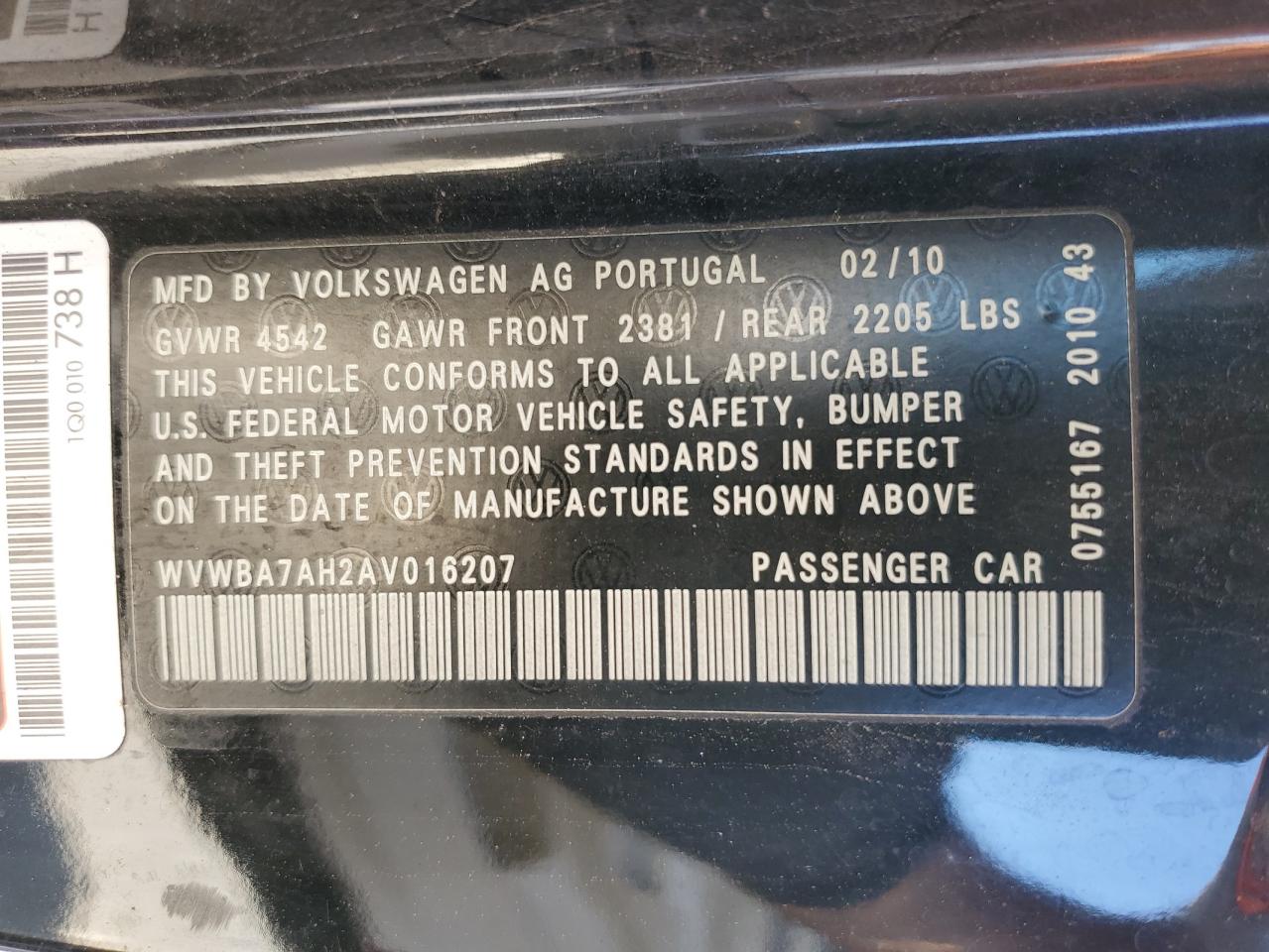 2010 Volkswagen Eos Turbo VIN: WVWBA7AH2AV016207 Lot: 64116324