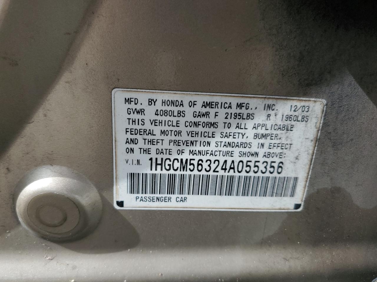 2004 Honda Accord Lx VIN: 1HGCM56324A055356 Lot: 63375474