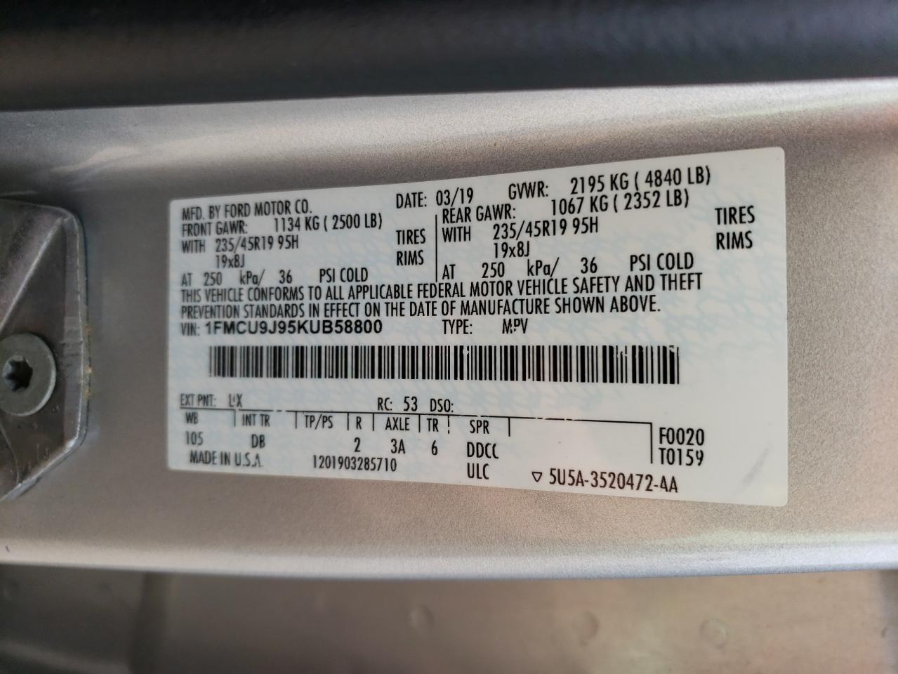 2019 Ford Escape Titanium VIN: 1FMCU9J95KUB58800 Lot: 63967244