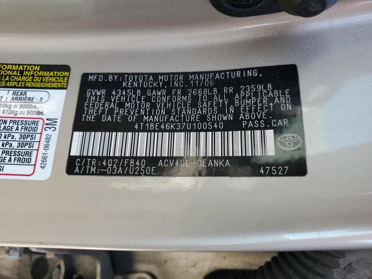 4T1BE46K37U100540 2007 Toyota Camry Ce