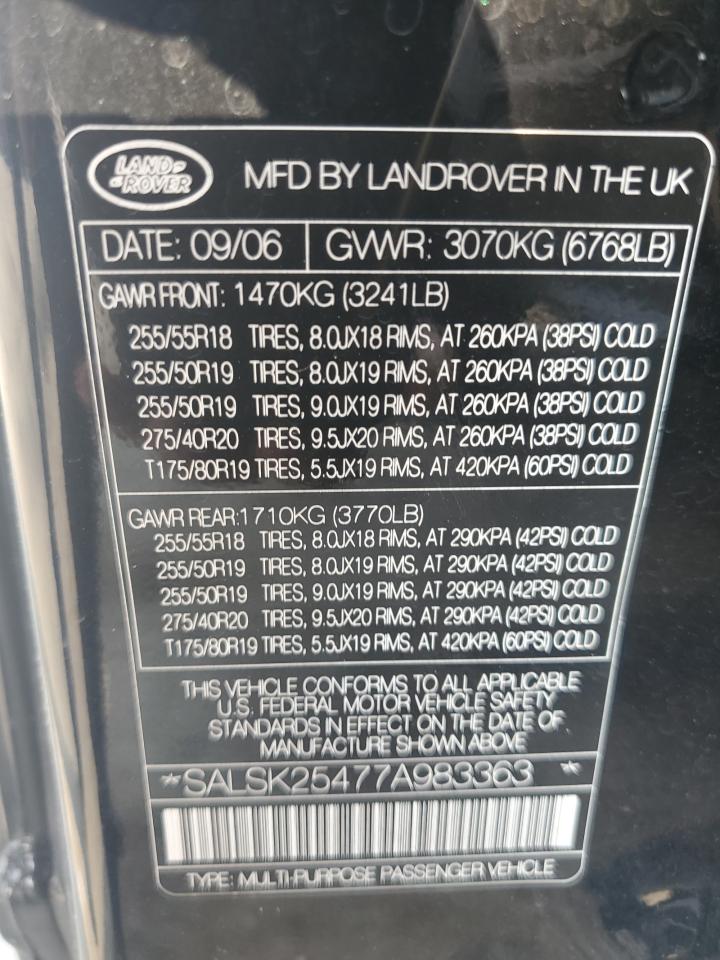 2007 Land Rover Range Rover Sport Hse VIN: SALSK25477A983363 Lot: 64706234