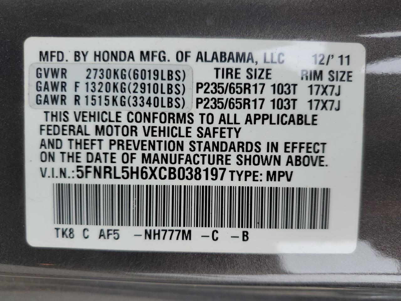 2012 Honda Odyssey Exl VIN: 5FNRL5H6XCB038197 Lot: 61528814