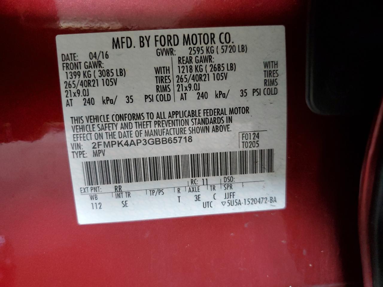 2016 Ford Edge Sport VIN: 2FMPK4AP3GBB65718 Lot: 63301274