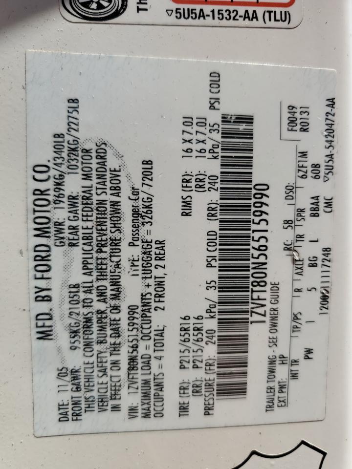 2006 Ford Mustang VIN: 1ZVFT80N565159990 Lot: 63108874