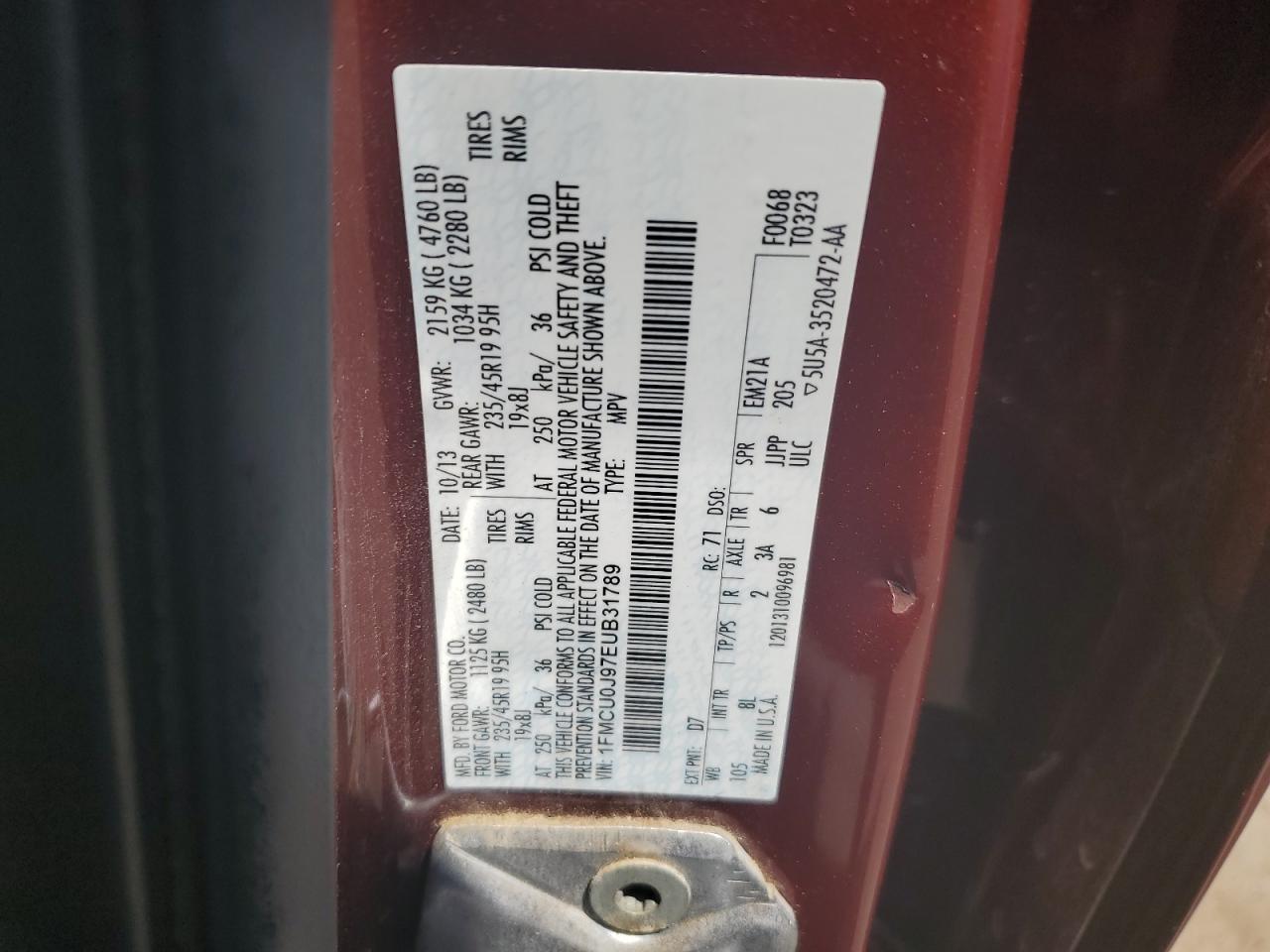 2014 Ford Escape Titanium VIN: 1FMCU0J97EUB31789 Lot: 64412394