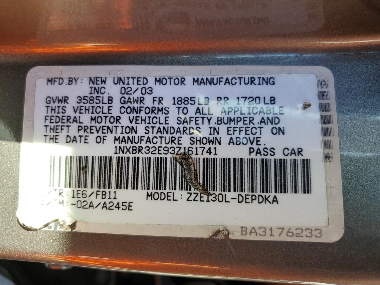 2003 Toyota Corolla Ce VIN: 1NXBR32E93Z161741 Lot: 61768054