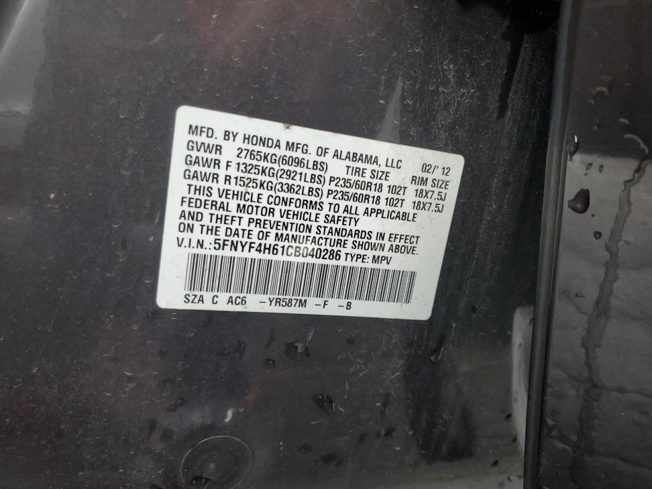 2012 Honda Pilot Exl VIN: 5FNYF4H61CB040286 Lot: 65444434
