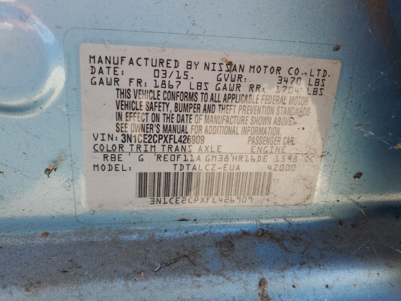 2015 Nissan Versa Note S VIN: 3N1CE2CPXFL426909 Lot: 63901954