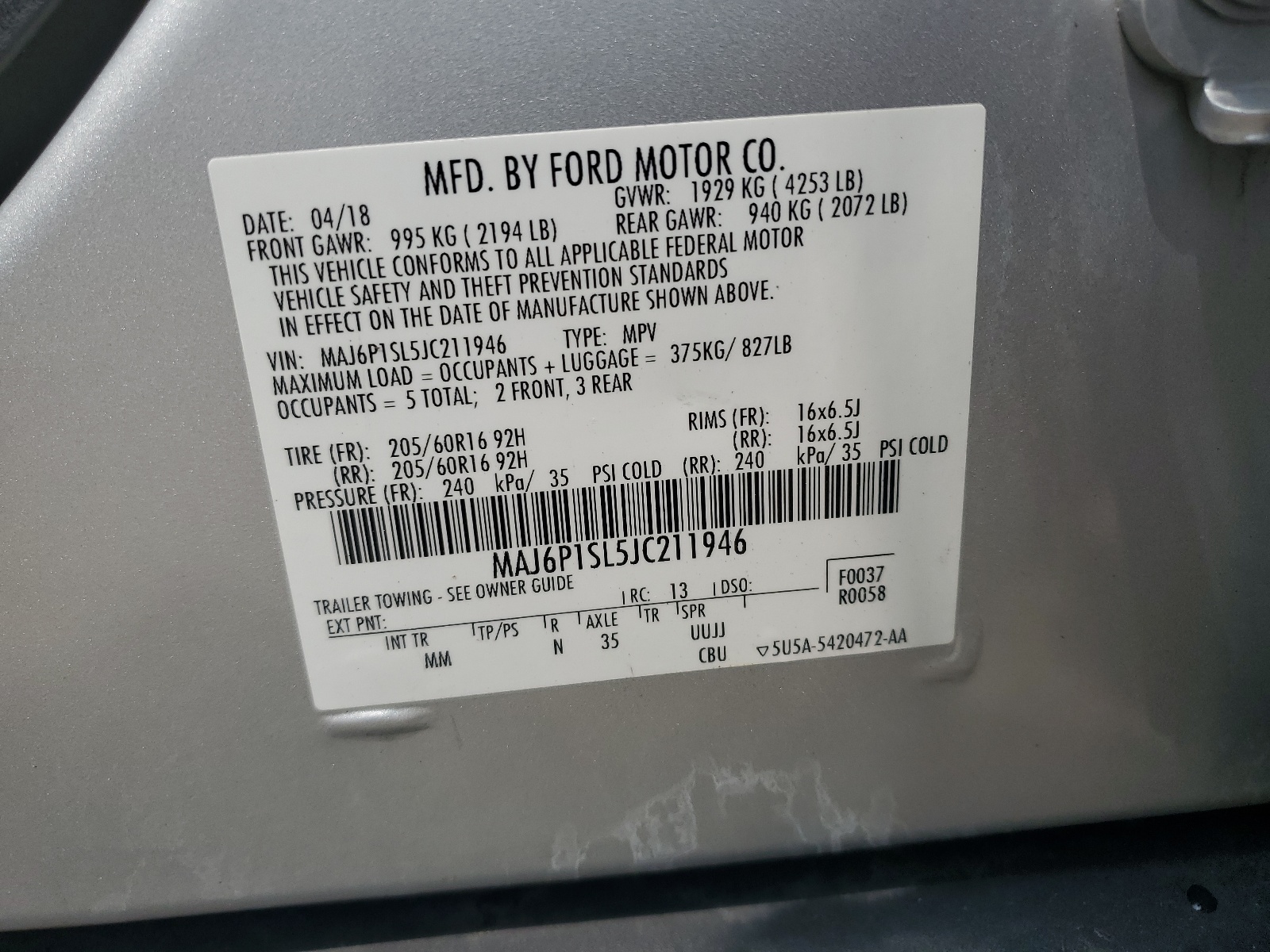 MAJ6P1SL5JC211946 2018 Ford Ecosport S