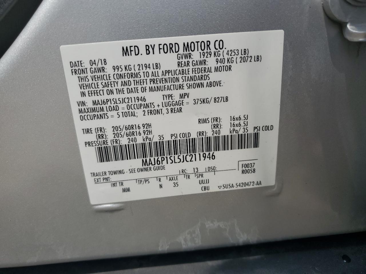 2018 Ford Ecosport S VIN: MAJ6P1SL5JC211946 Lot: 64377104