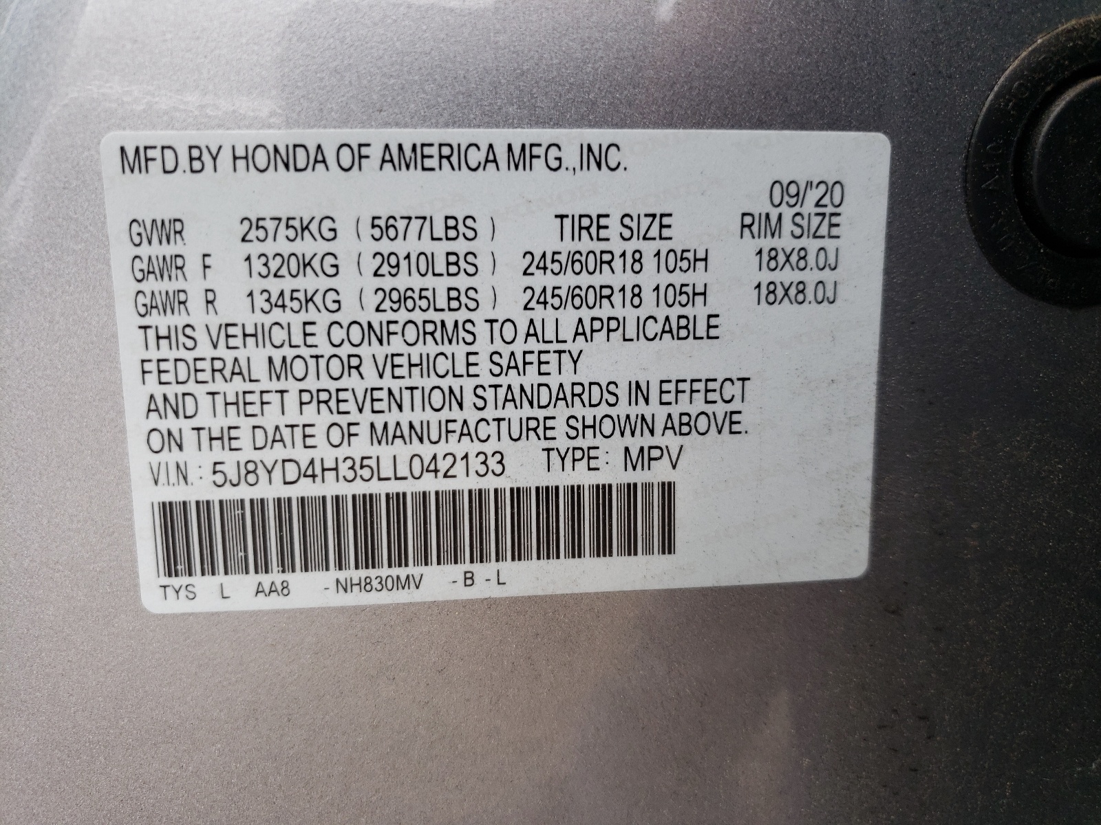 5J8YD4H35LL042133 2020 Acura Mdx