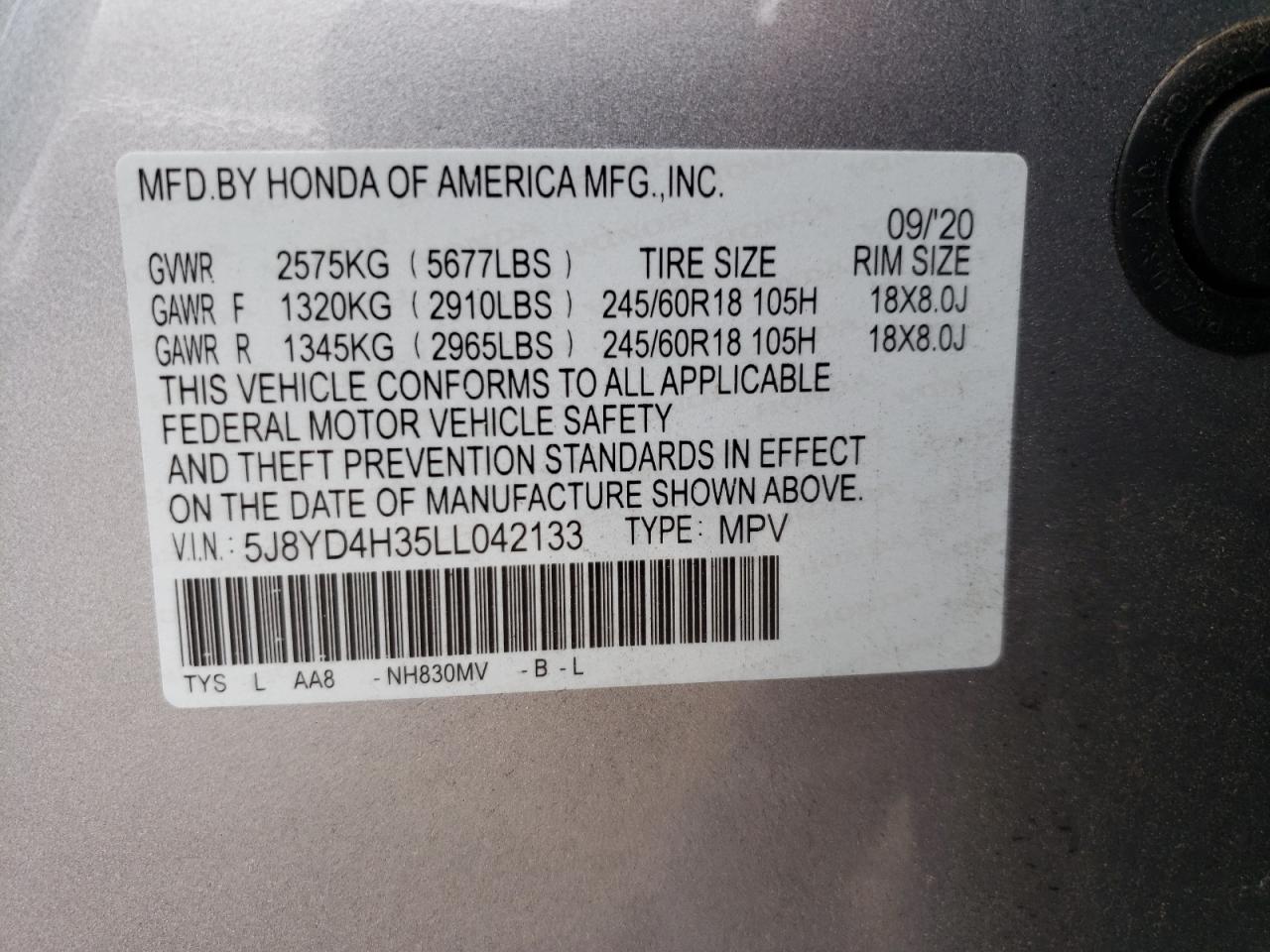 2020 Acura Mdx VIN: 5J8YD4H35LL042133 Lot: 64292434