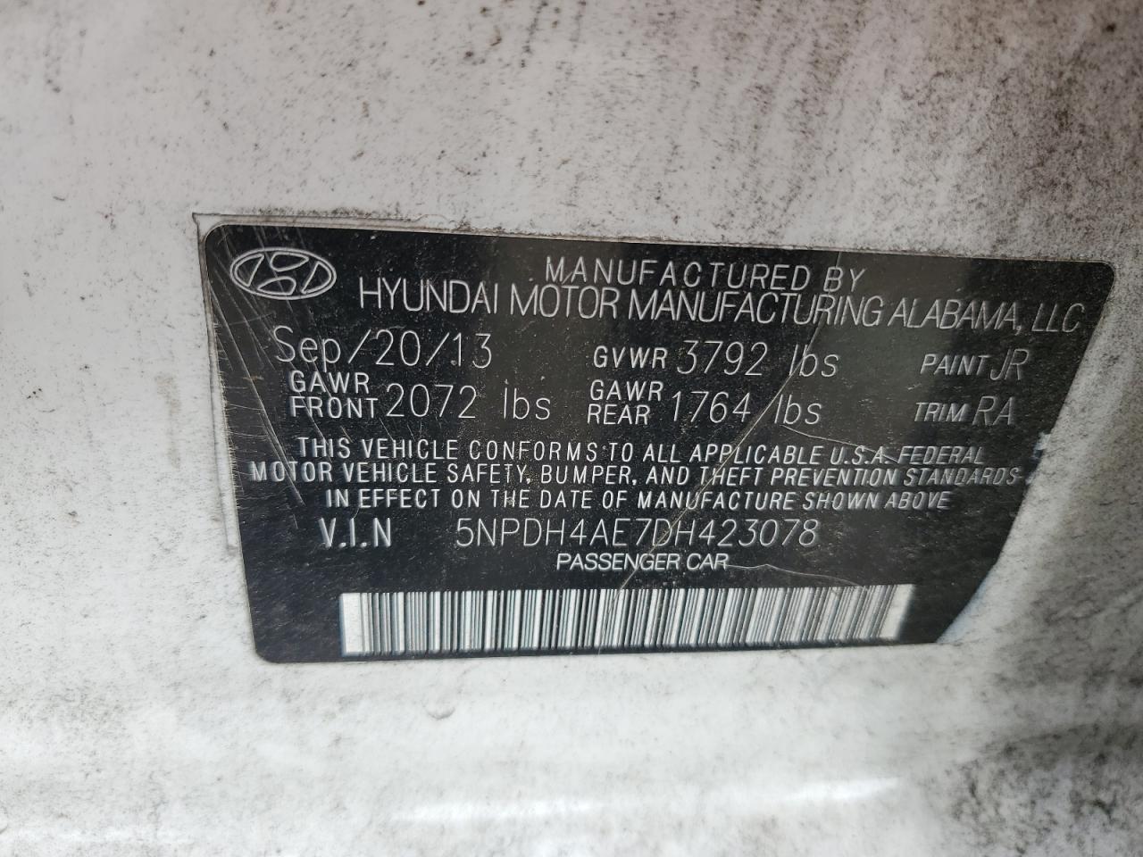 5NPDH4AE7DH423078 2013 Hyundai Elantra Gls