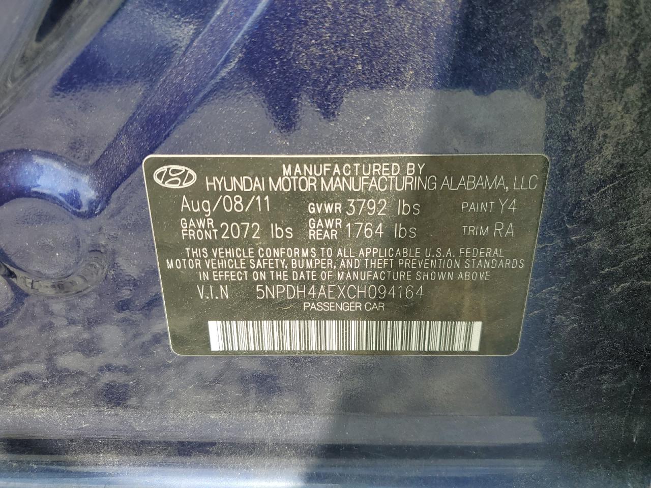 2012 Hyundai Elantra Gls VIN: 5NPDH4AEXCH094164 Lot: 61558404