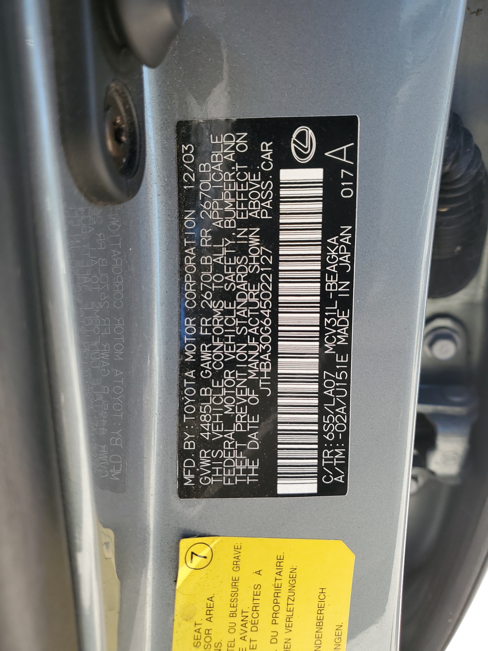 JTHBA30G645022127 2004 Lexus Es 330